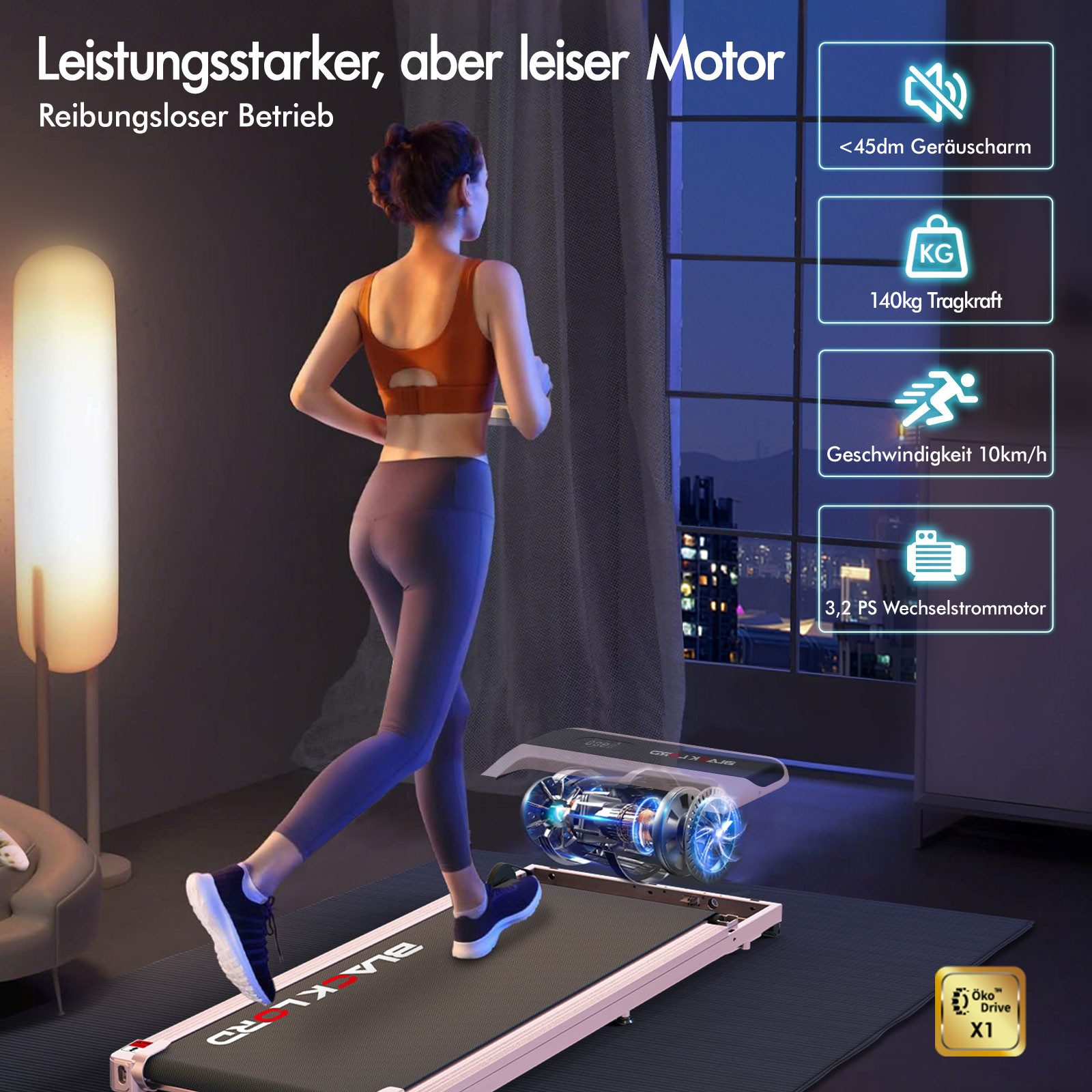 Eine Frau läuft auf einem Laufband. Das Bild enthält Details zu den Funktionen und Spezifikationen des Laufbands.