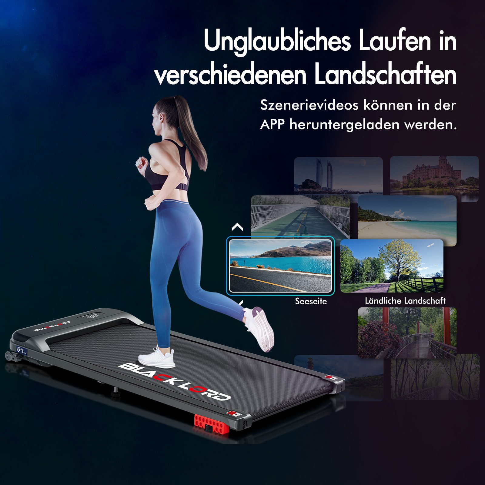 Eine Frau läuft auf einem Laufband. Text sagt: 'Unglaubliches Laufen in verschiedenen Landschaften'.
