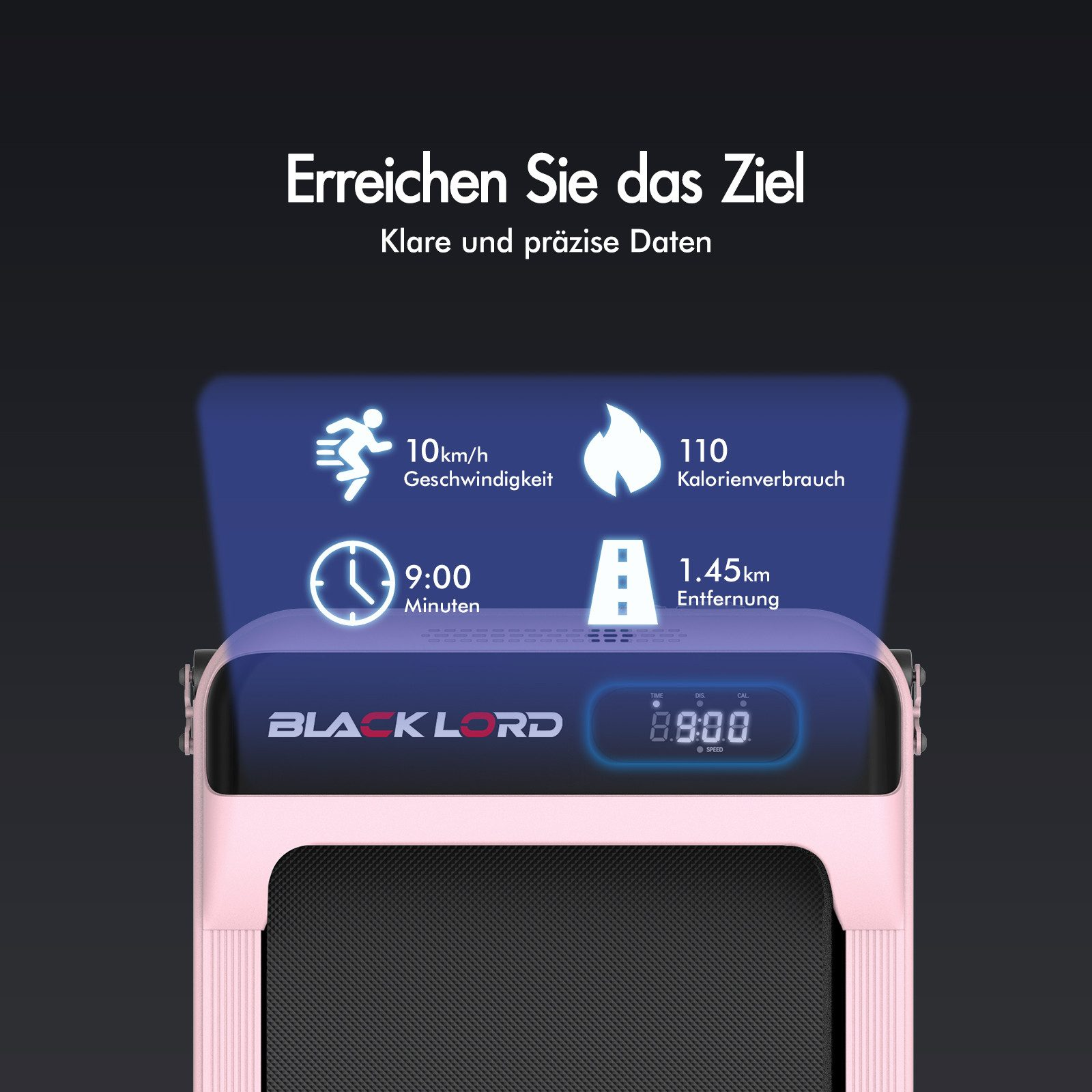 Rosa Laufband mit Datendisplay: Geschwindigkeit, Zeit, Distanz, Kalorien. Black Lord Logo vorn. Dunkler Hintergrund.