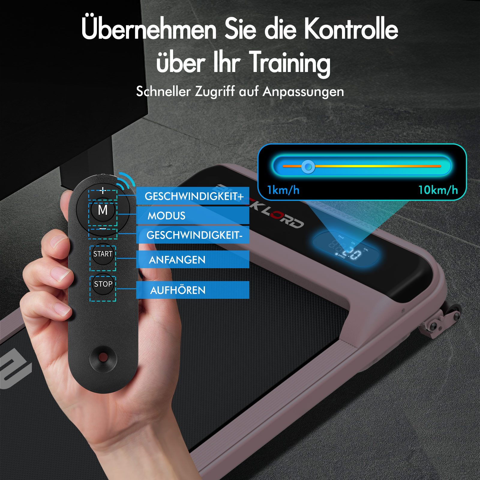 Eine Hand hält eine Fernbedienung mit Tasten. Das Display zeigt Geschwindigkeit und Zeit an. Text: Übernehmen Sie die Kontrolle.