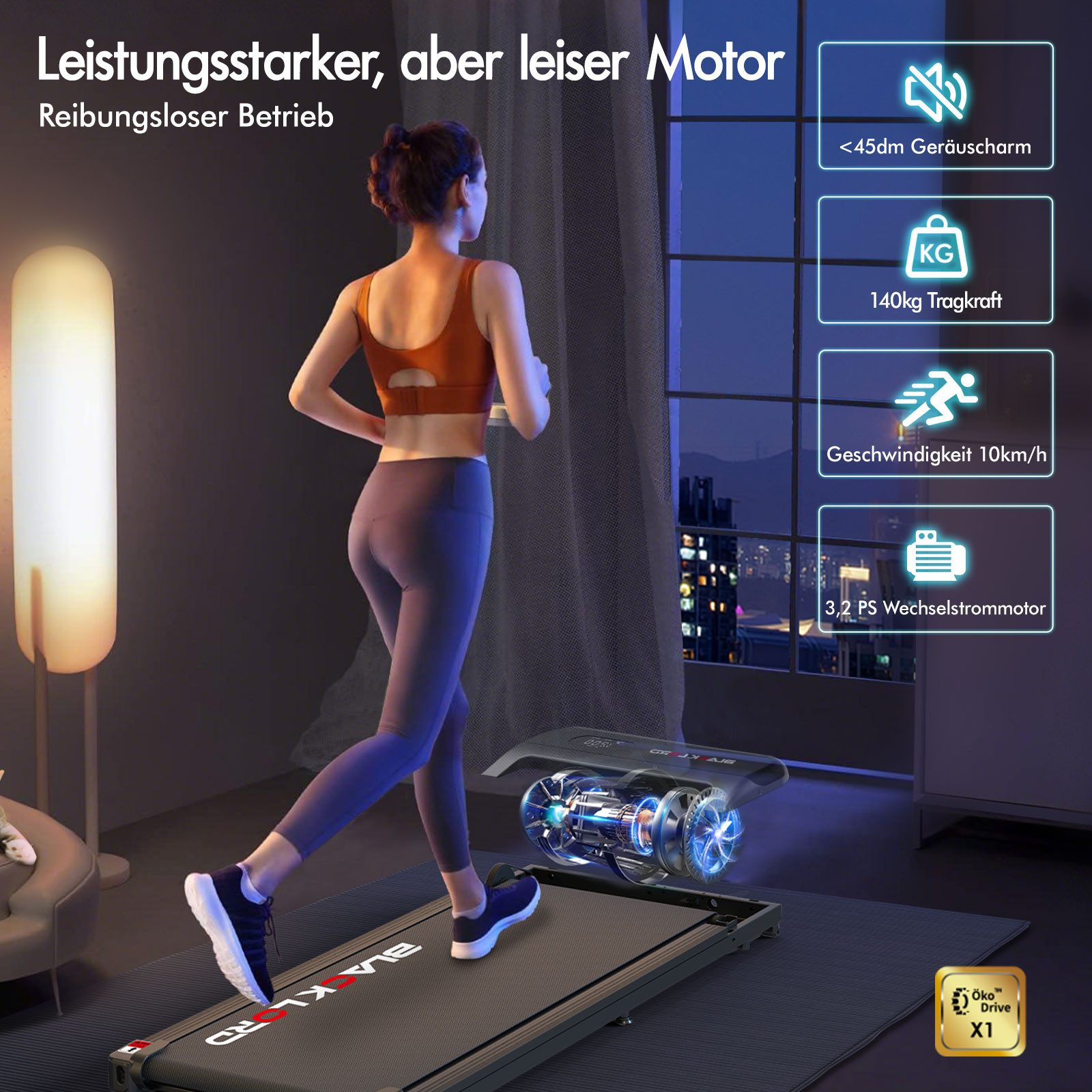 Eine Frau läuft auf einem Laufband. Das Laufband befindet sich in einem Raum. Das Bild hat Text, der besagt 'Leistungsstarker, aber leiser Motor'.