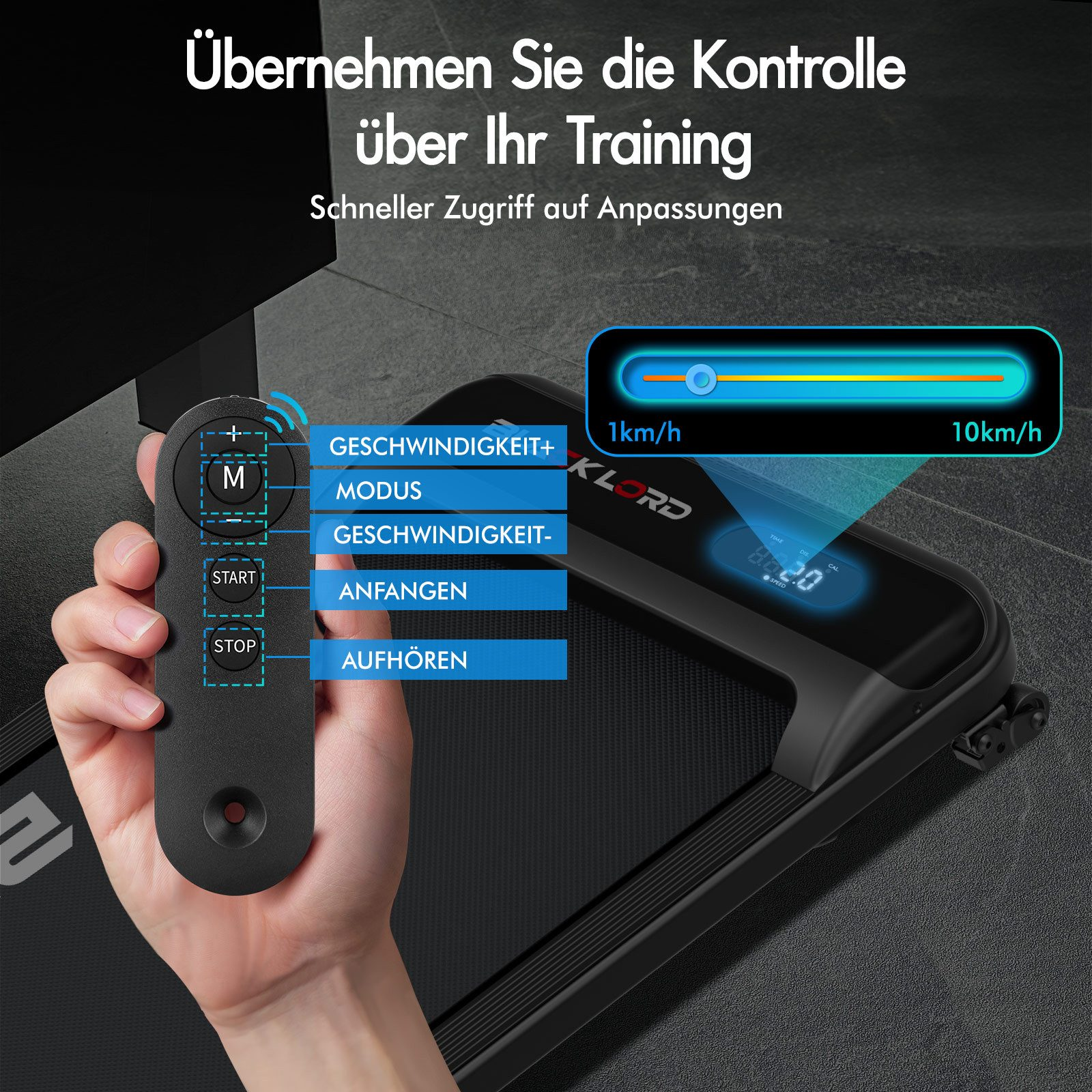 Hand hält Fernbedienung. Text sagt 'Übernehmen Sie die Kontrolle'. Laufband mit Geschwindigkeitsanzeige sichtbar.