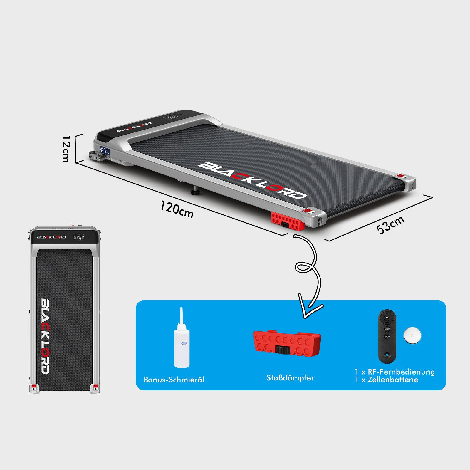 Laufband mit Maßangaben. Enthält Öl, Stoßdämpfer, Fernbedienung und Batterie. Schwarze und rote Details.