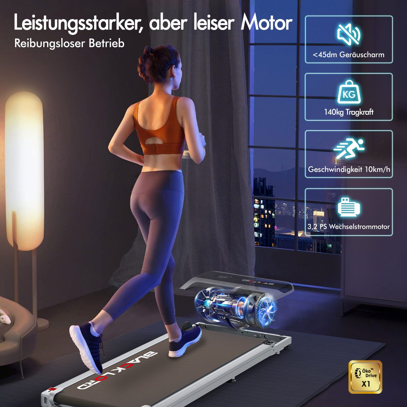Eine Frau läuft auf einem Laufband. Das Laufband hat einen sichtbaren Motor. Text zeigt geringe Geräusche und hohe Leistung.