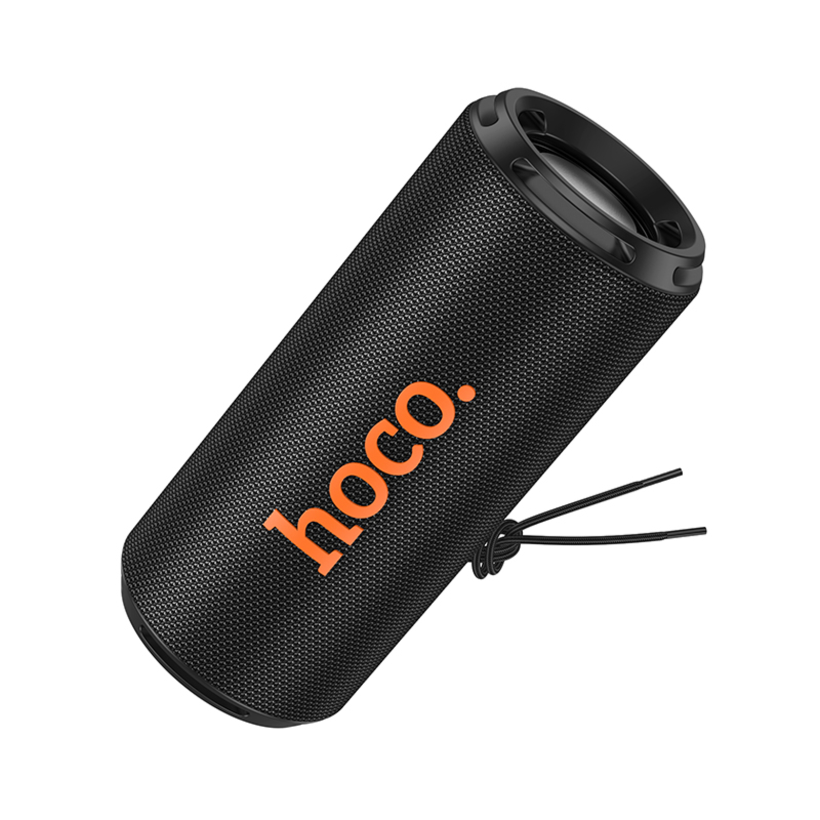 Altoparlante cilindrico nero con testo 'hoco.' arancione e cordino nero. Inclinato su sfondo bianco.