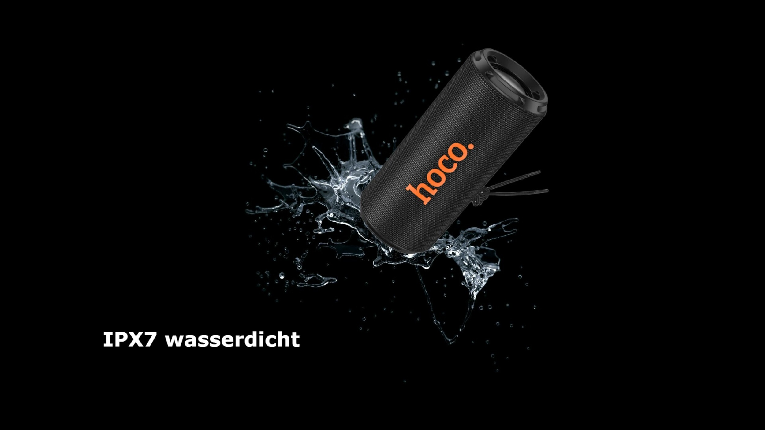 Altoparlante nero con logo arancione e schizzi d'acqua su sfondo nero. Il testo recita IPX7 wasserdicht.