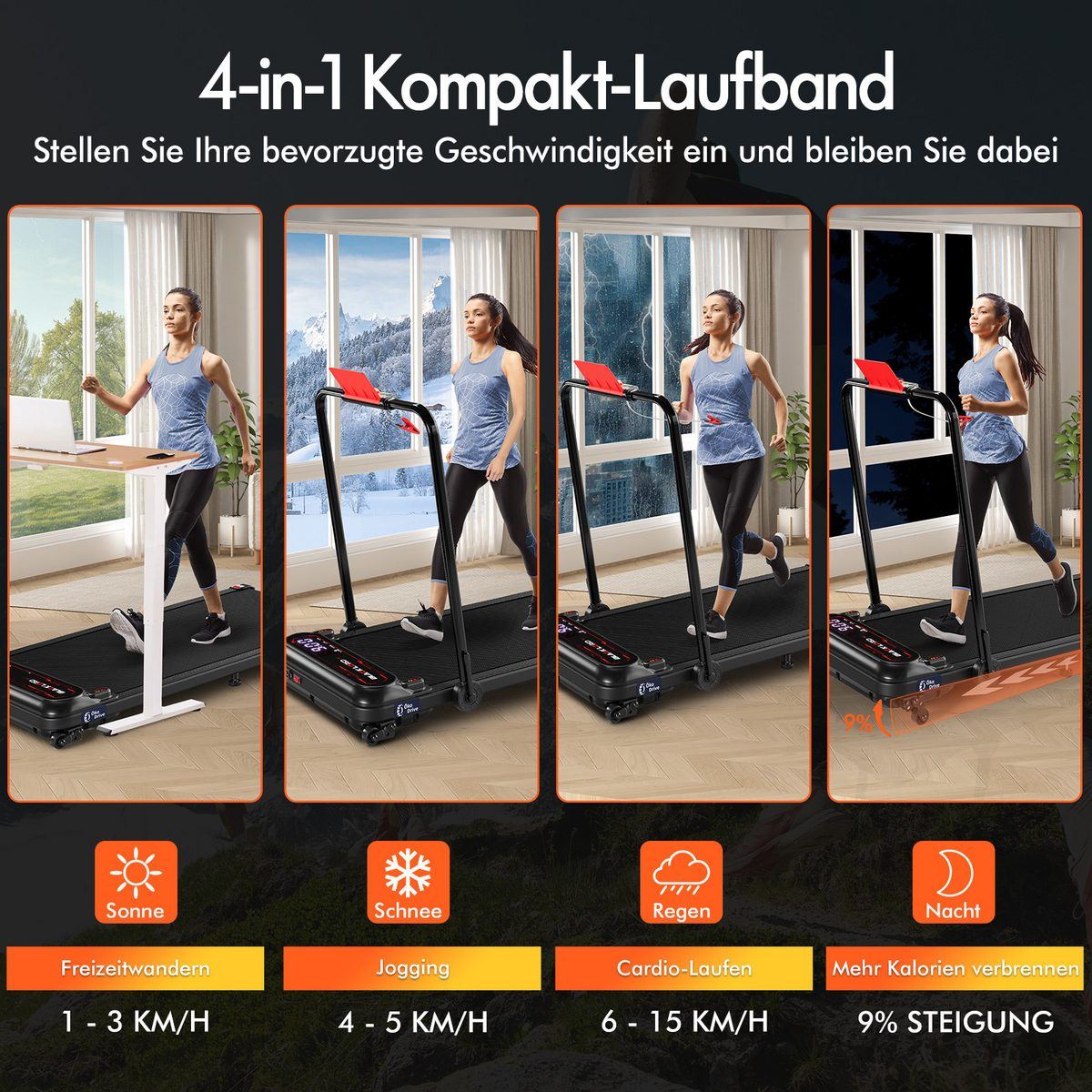 Eine Frau auf einem Laufband. Vier Modi werden gezeigt: Freizeit, Joggen, Cardio und Nacht. Geschwindigkeiten und Symbole sind angegeben.