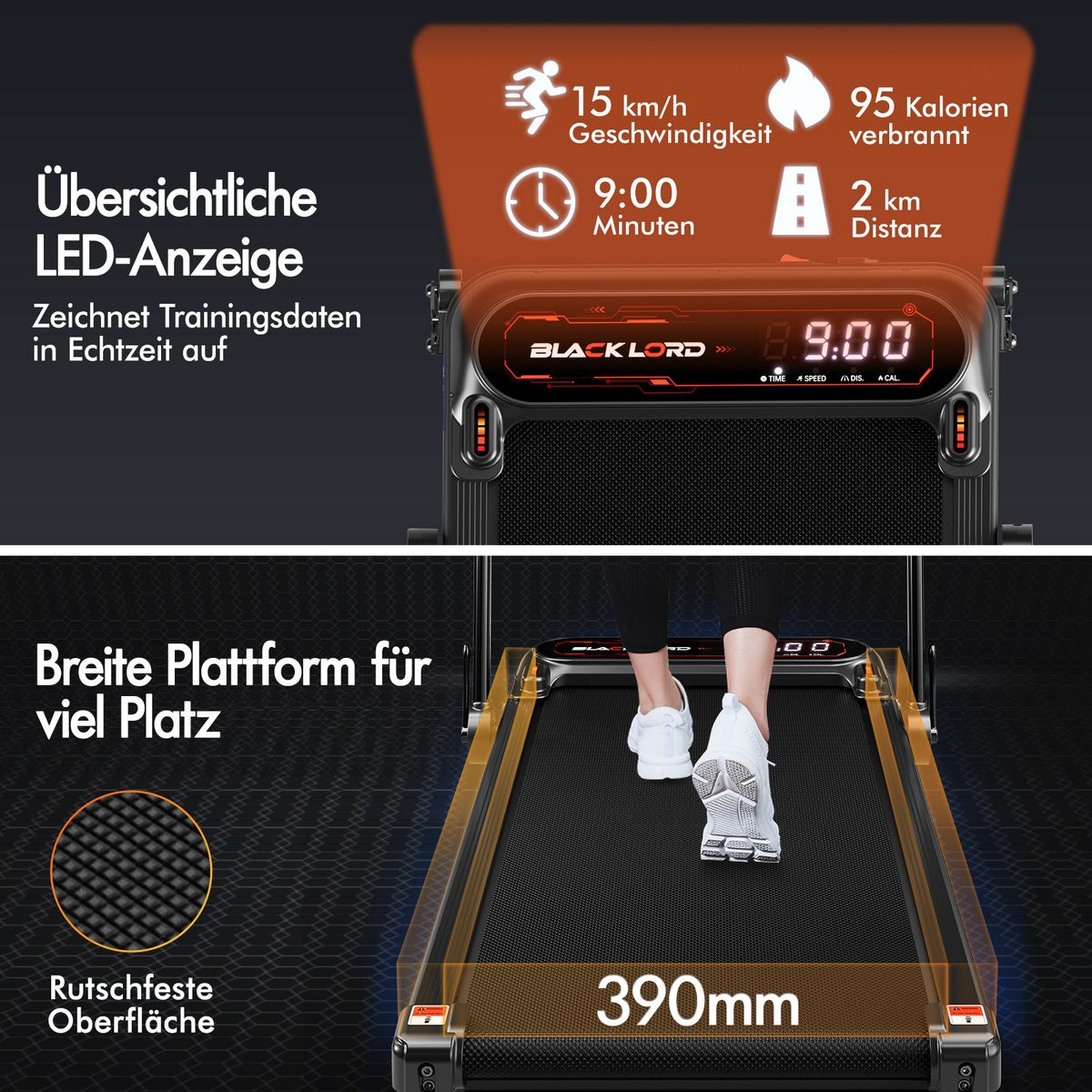 Ein Laufband zeigt Geschwindigkeit, Zeit, Distanz und verbrannte Kalorien. Eine Person geht darauf, Füße in weißen Schuhen.