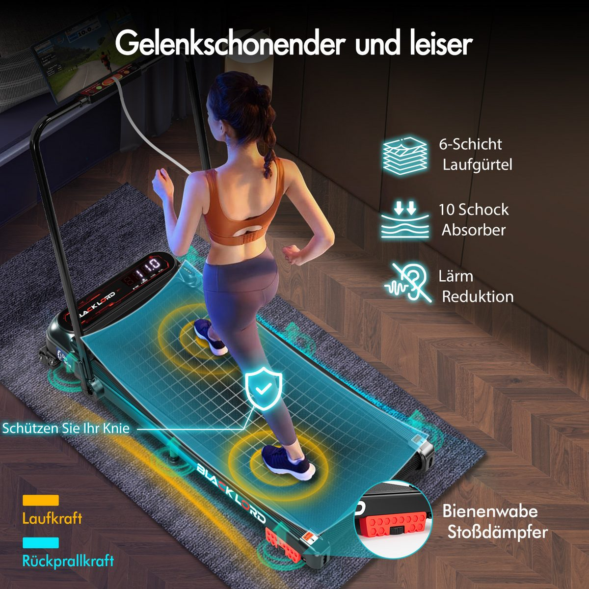 Eine Frau läuft auf einem Laufband. Das Laufband hat eine digitale Anzeige und verschiedene Funktionen wie Stoßdämpfung und Geräuschreduzierung.