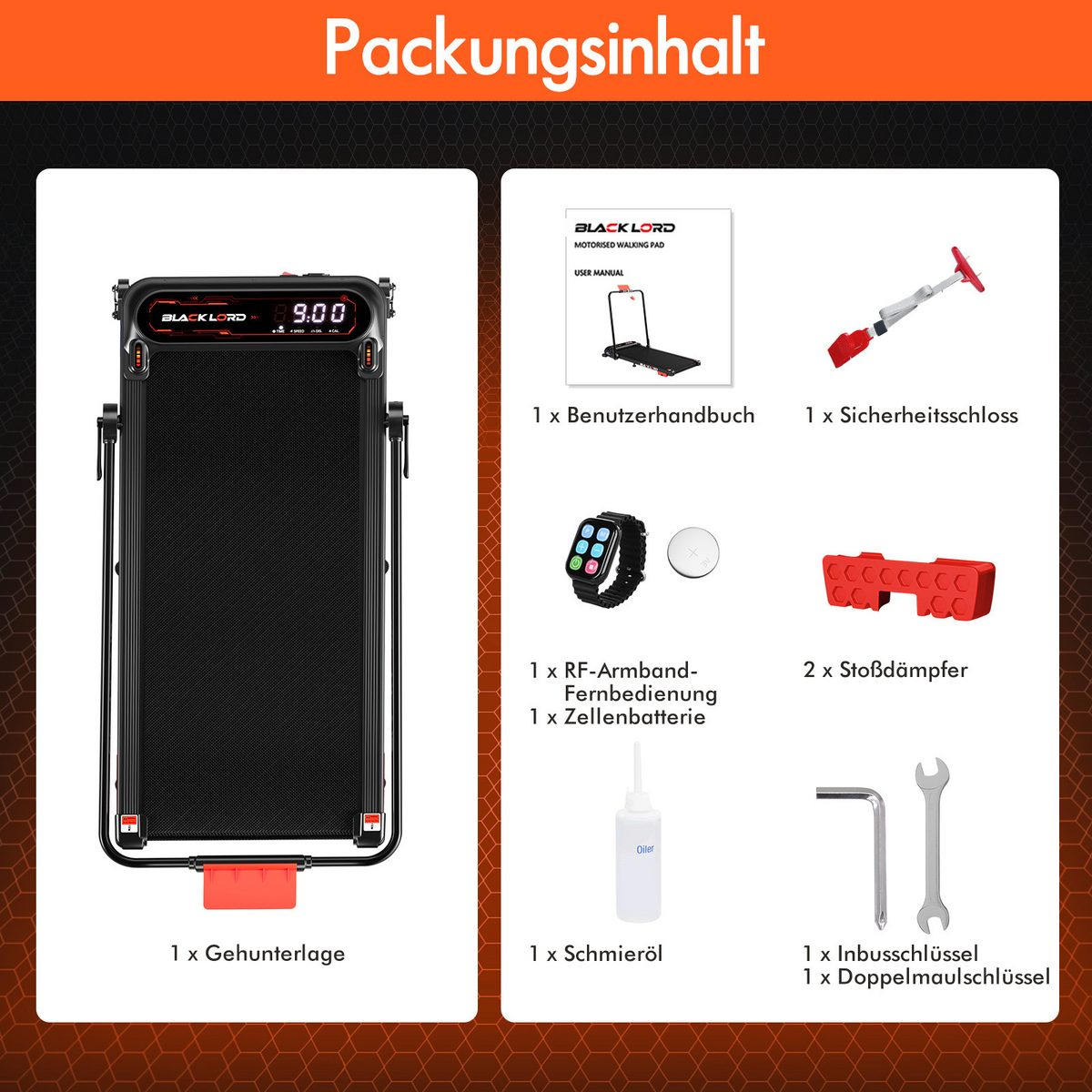 Das Bild zeigt ein Laufband, Handbuch, Fernbedienung, Sicherheitsschloss, Armband, Batterie, Stoßdämpfer, Öl und Werkzeuge.