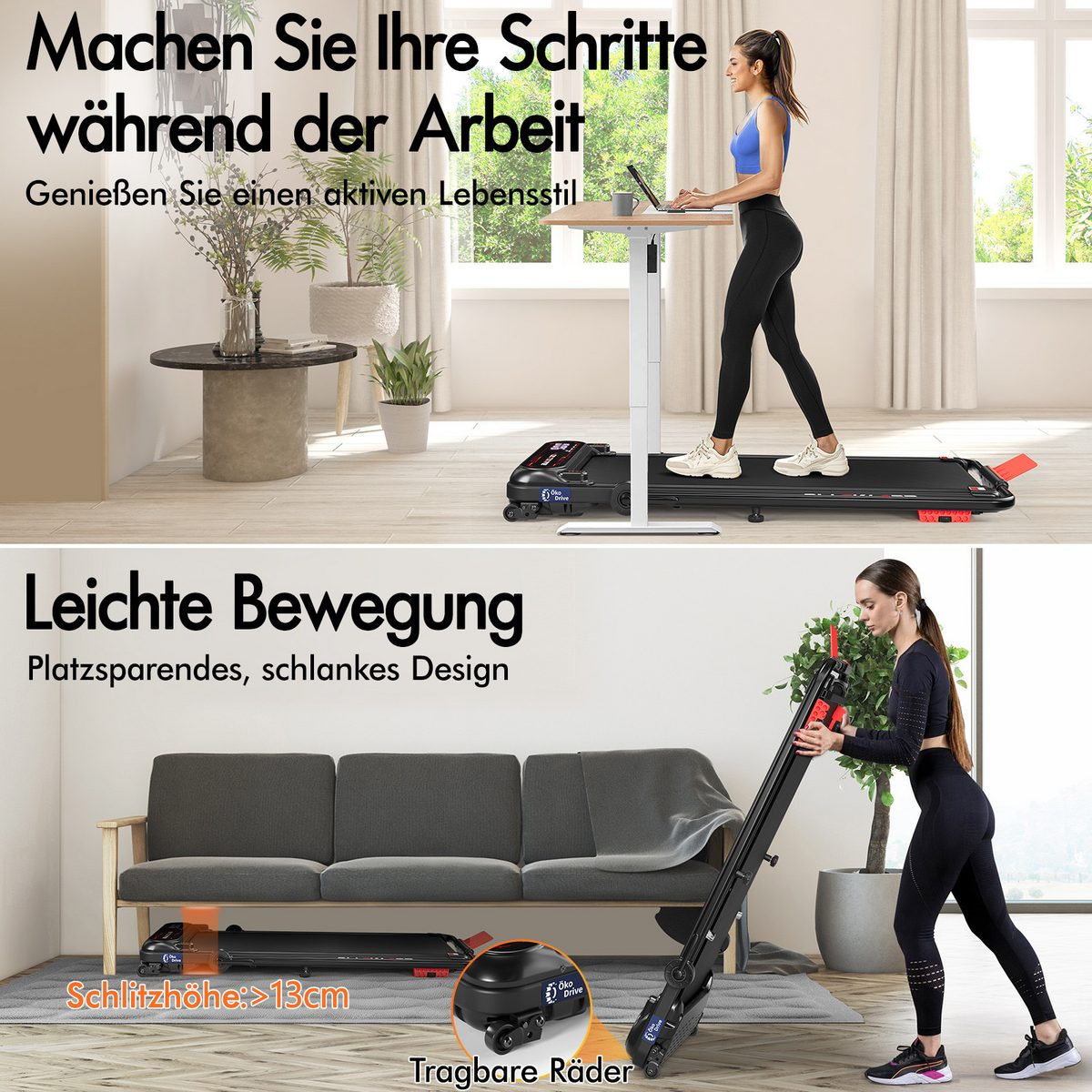 Eine Frau geht während der Arbeit auf einem Laufband. Eine andere Frau klappt ein Laufband zusammen. Text bewirbt aktiven Lebensstil und platzsparendes Design.