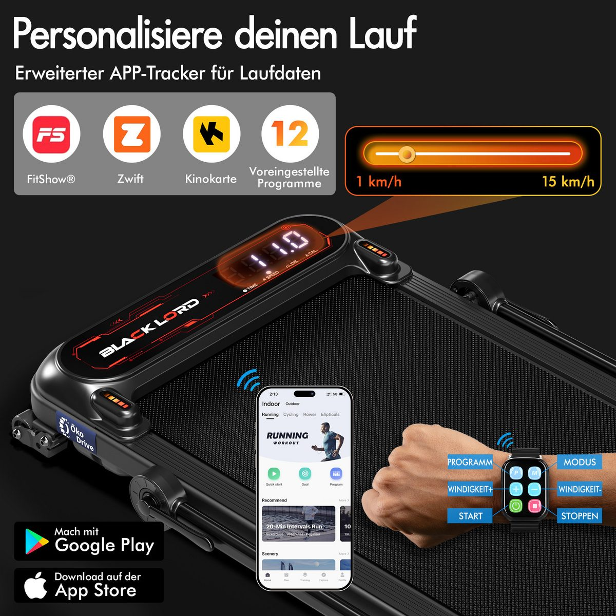 Ein Laufband mit Digitalanzeige zeigt die Geschwindigkeit an. Smartphone und Smartwatch werden mit App-Symbolen angezeigt.