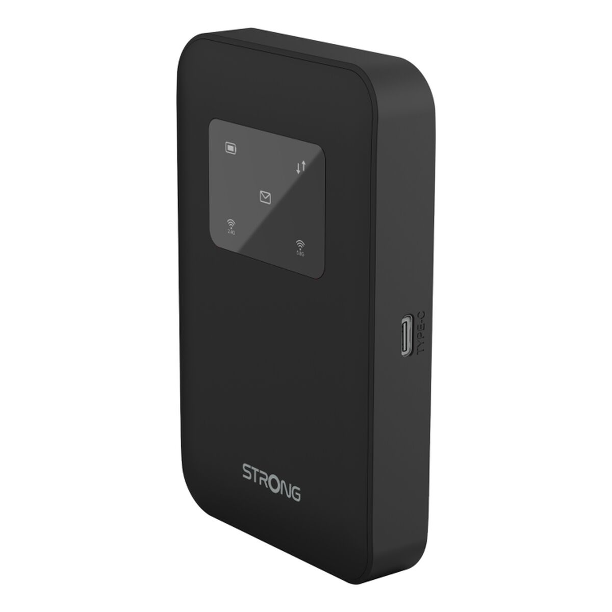 Ein schwarzer mobiler Router von STRONG. Er hat einen kleinen Bildschirm mit Symbolen und einen USB-C-Anschluss. Das Gerät steht vor weißem Hintergrund.