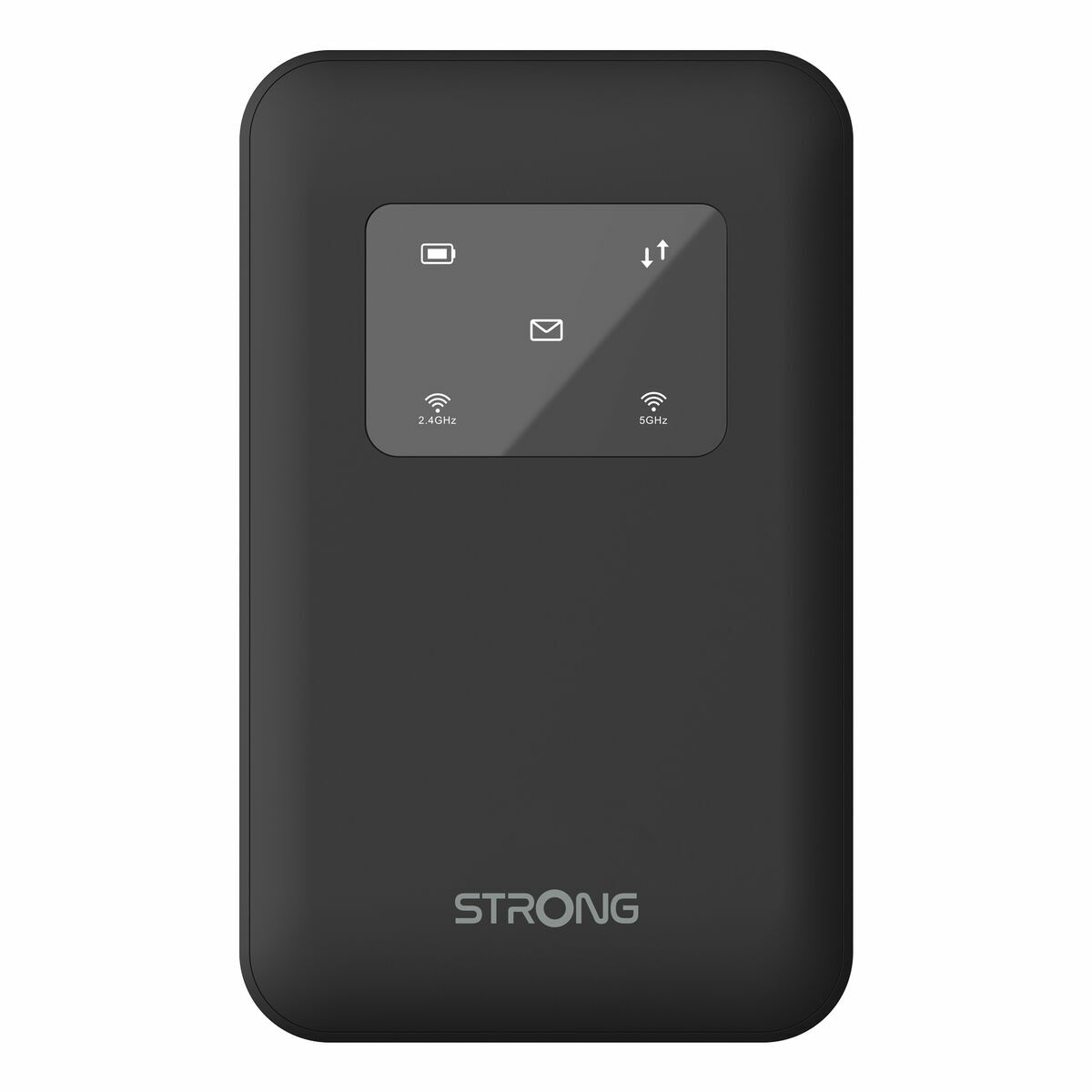 Ein schwarzer tragbarer Router mit Status-Symbolen und der Marke STRONG. Er hat einen Bildschirm mit Batterie-, Mail- und Signalstärke-Symbolen.