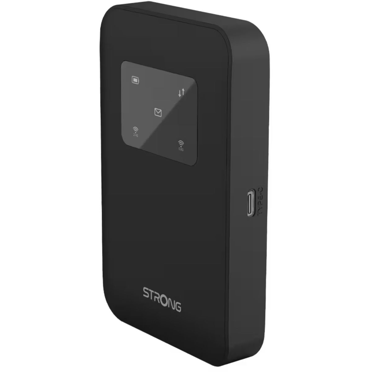 Ein schwarzes mobiles WLAN-Gerät von Strong. Es hat einen Bildschirm mit Symbolen, einen Typ-C-Anschluss und befindet sich auf weißem Hintergrund.