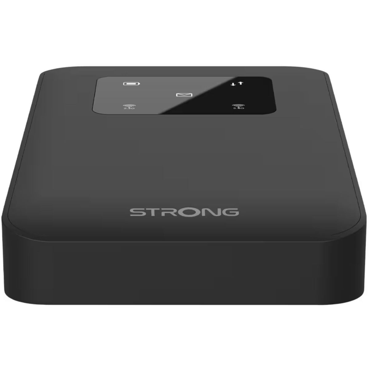 Schwarzer STRONG WLAN-Router. Oberseite mit Bildschirm und Symbolen. 2,4G- und 5,8G-Anzeigen. Weißer Text, STRONG, auf der Vorderseite.