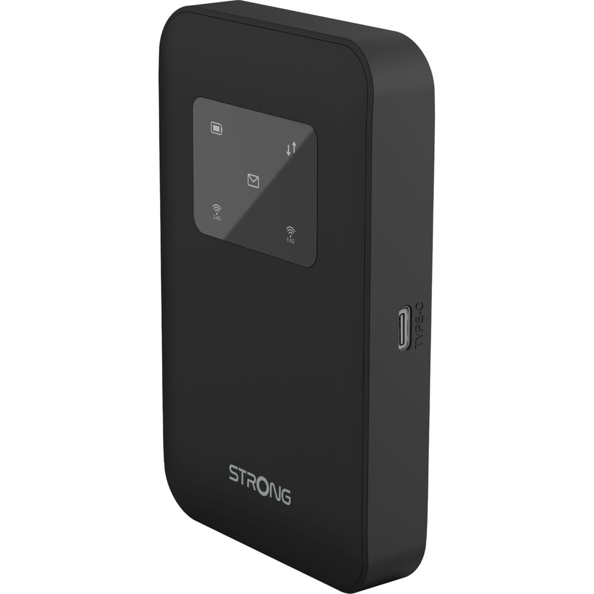 Zwart, rechthoekig Strong Wi-Fi-apparaat. Het heeft een scherm en een Type-C-poort, met Wi-Fi-symbolen en de merknaam.