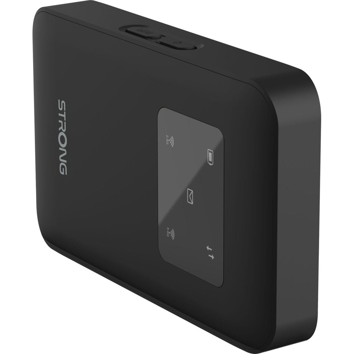 Een zwarte Strong mobiele wifi router. Het heeft een scherm met pictogrammen en knoppen bovenop. Het Strong-logo staat op de zijkant.