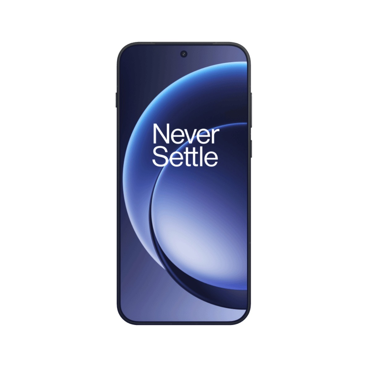 Smartfon z zakrzywionym wyświetlaczem. Ekran pokazuje niebieski gradient z białym napisem 'Never Settle'.