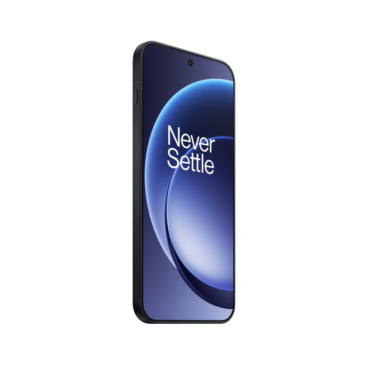 Czarny smartfon z niebiesko-białym ekranem z napisem "Never Settle". Telefon na białym tle.
