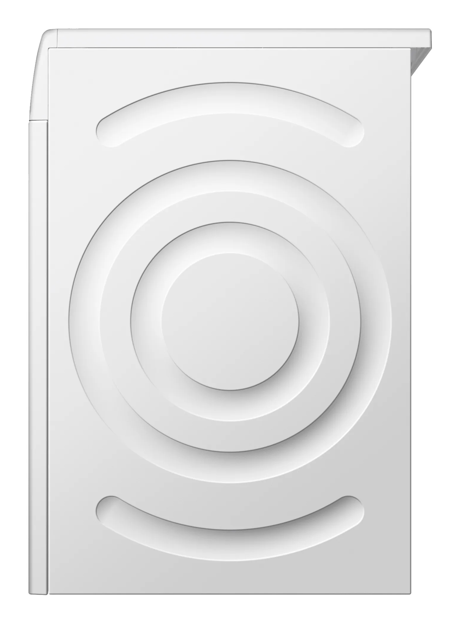 Un frontale bianco per elettrodomestici con cerchi concentrici e rientranze curve. Bordi superiori e laterali visibili.