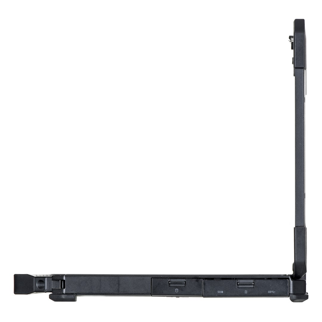 Widok z boku czarnego laptopa. Widoczne porty: gniazdo kart SD, porty USB i port zasilania. Ekran jest otwarty.