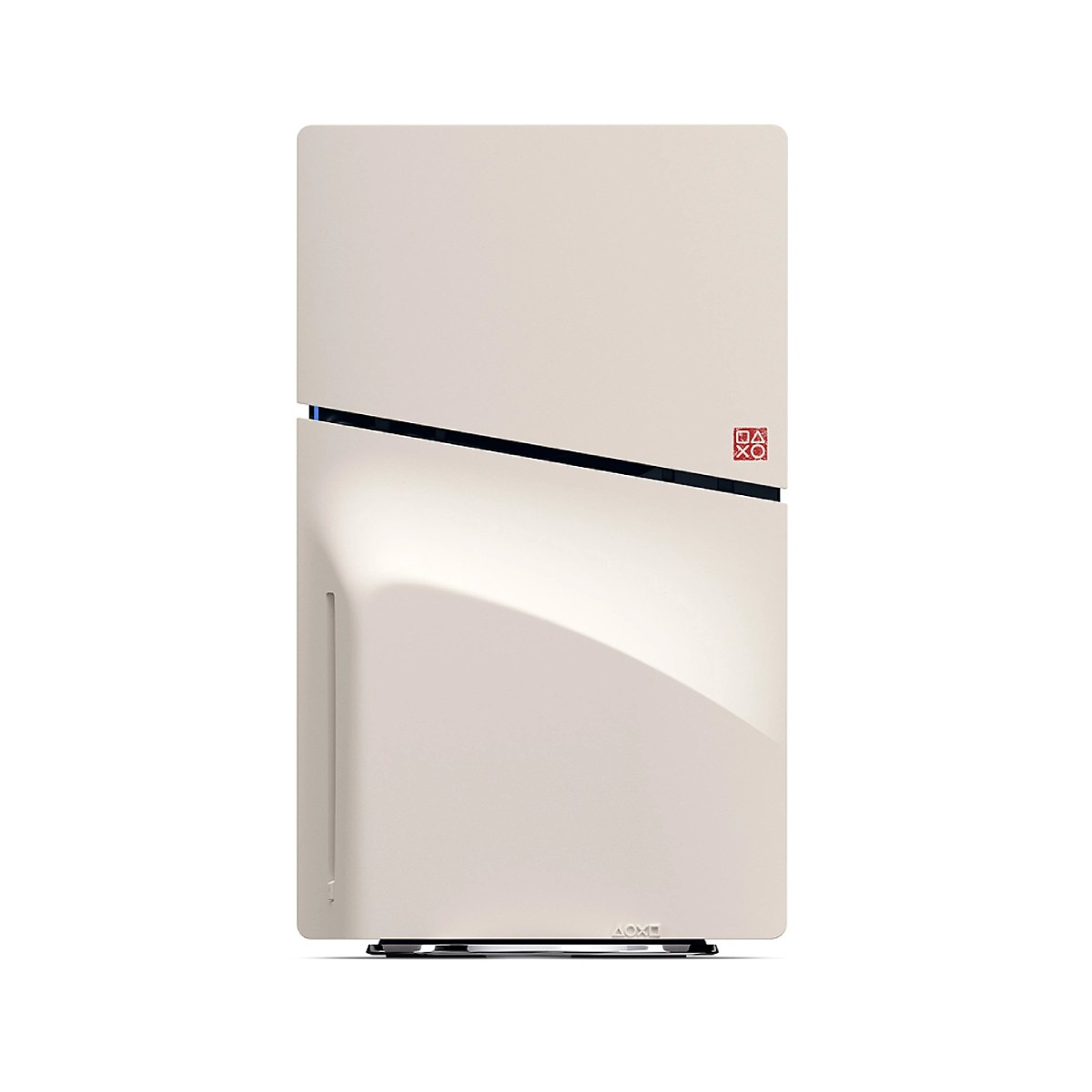 Kremowa konsola do gier. Ma czarny pasek z czerwonymi symbolami. Podstawa jest czarna. Design jest nowoczesny i elegancki.