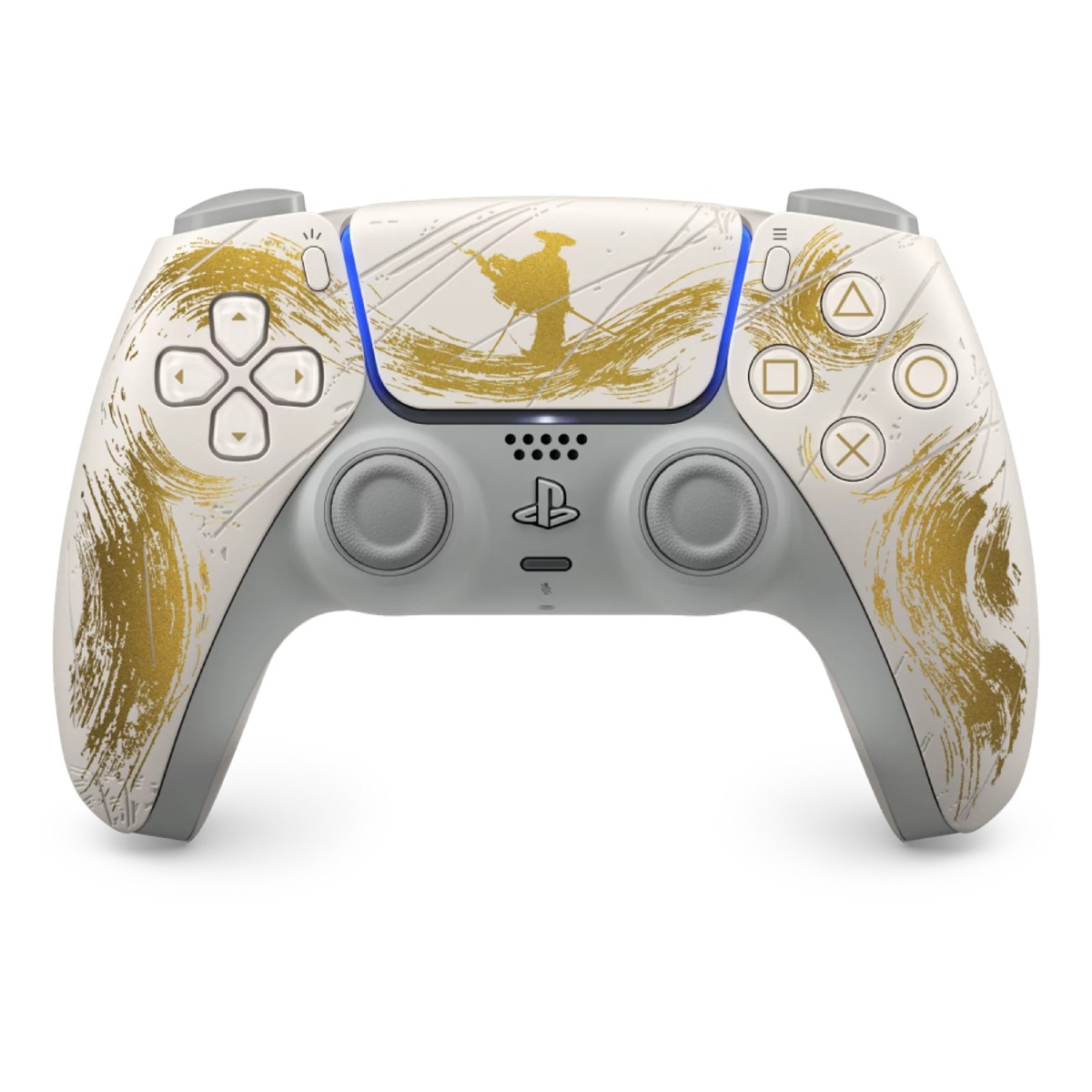 Biało-szary kontroler PlayStation 5 ze złotymi pociągnięciami pędzla i postacią samuraja. Widoczne przyciski i logo PlayStation.