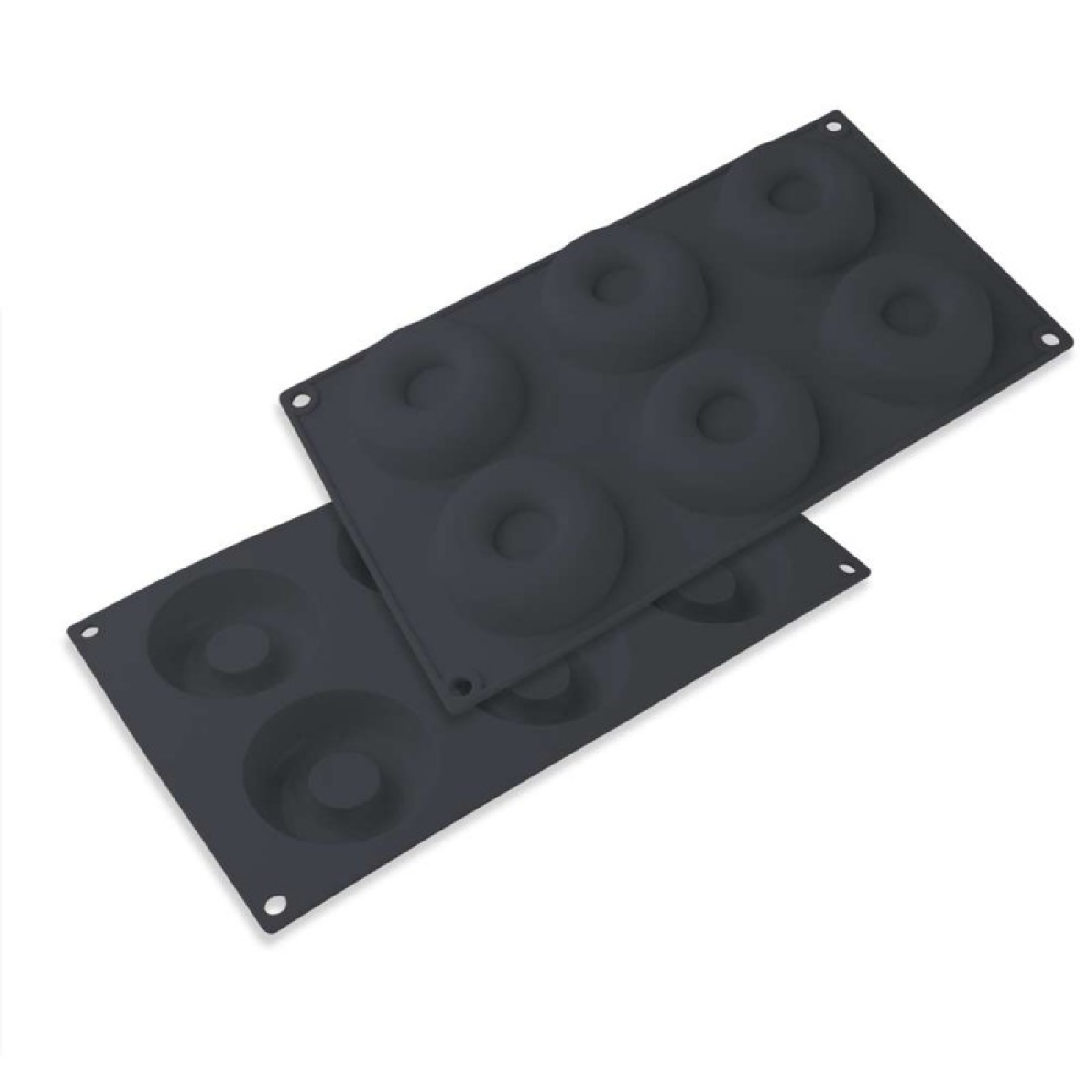 Dos moldes de silicona gris oscuro para donuts. Cada molde tiene espacios para donuts. Un molde cubre parcialmente el otro.