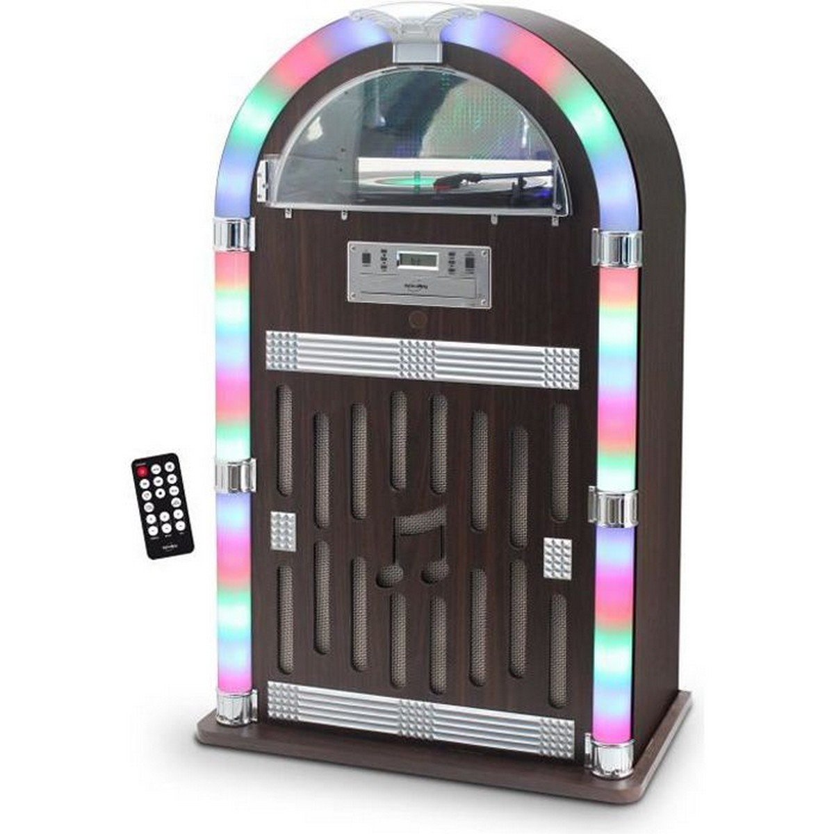 Un juke-box marrone con luci colorate. Un telecomando è a sinistra. Il juke-box ha un design a note musicali e un display.