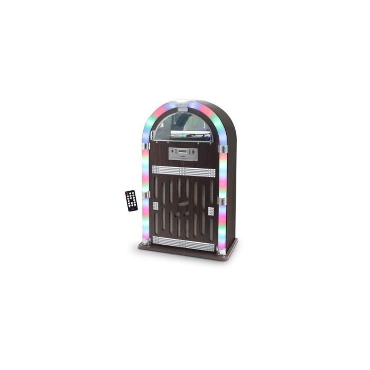 Un juke-box marrone con luci colorate. Un telecomando è a sinistra. Il juke-box è su sfondo bianco.