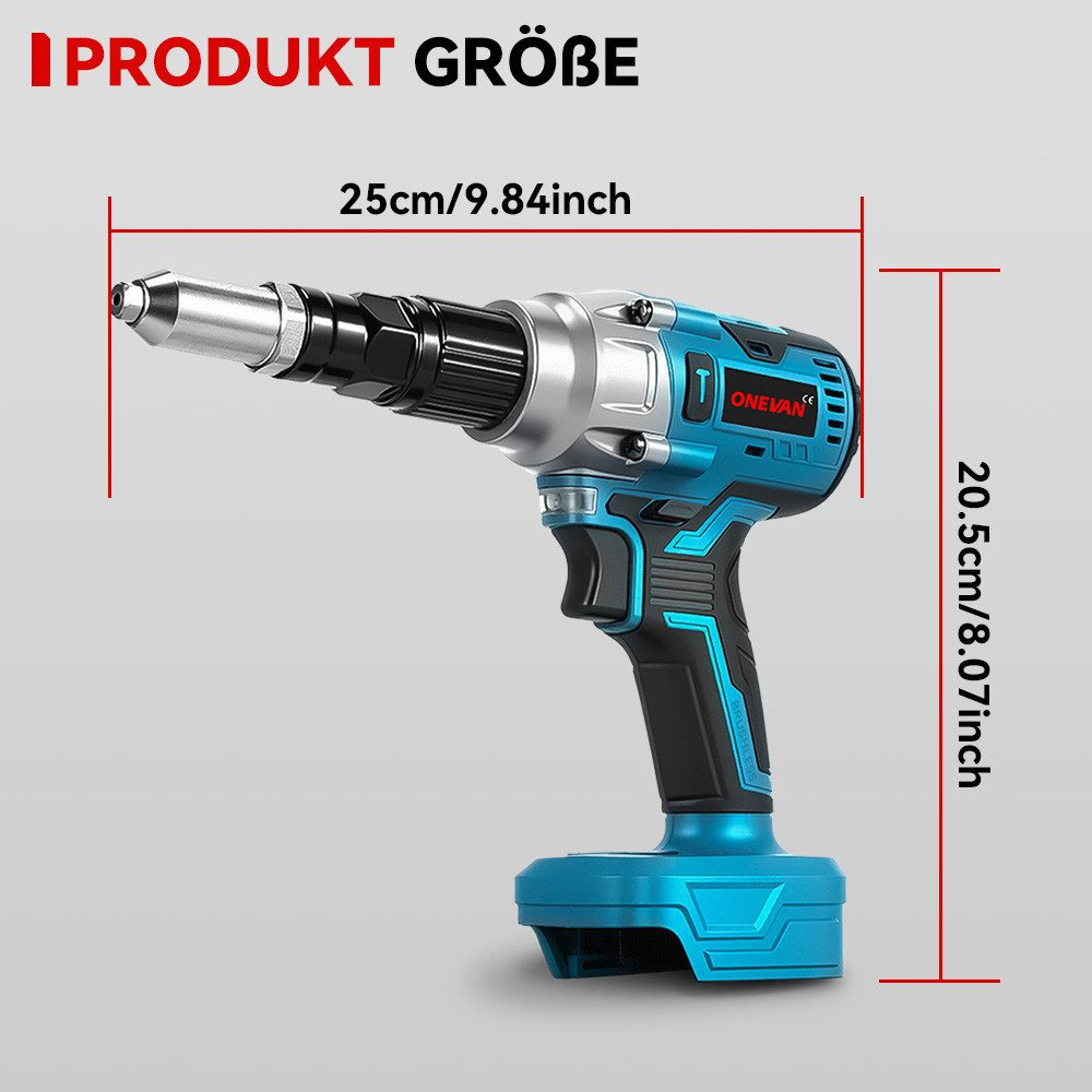 Un taladro inalámbrico azul y negro con dimensiones. Arriba está 'PRODUKT GRÖBE'. El taladro está etiquetado como 'ONEVAN'.