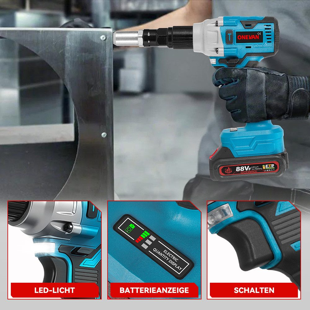 Una persona usa una herramienta eléctrica azul y negra para trabajar en una superficie metálica. Detalles de LED, indicador de batería e interruptor.