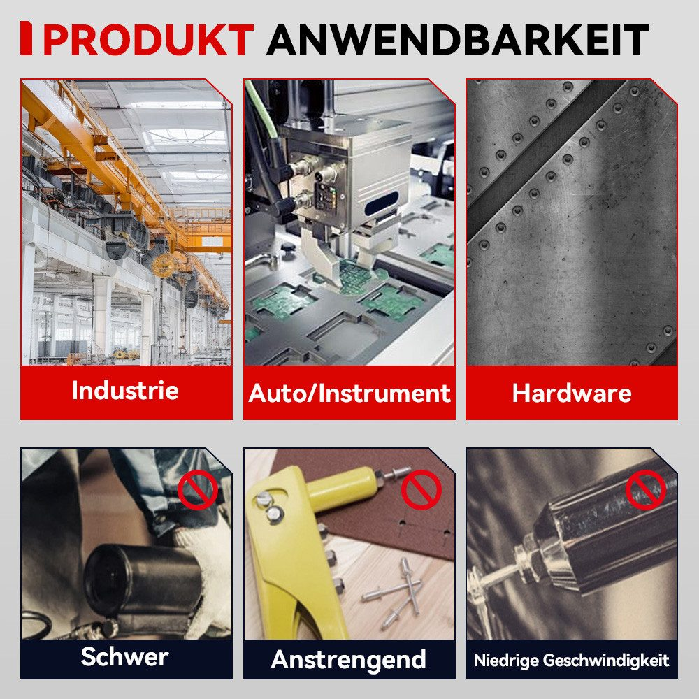 La imagen muestra aplicaciones industriales, automotrices/instrumentales y de hardware. También muestra métodos inadecuados: pesados, extenuantes y lentos.