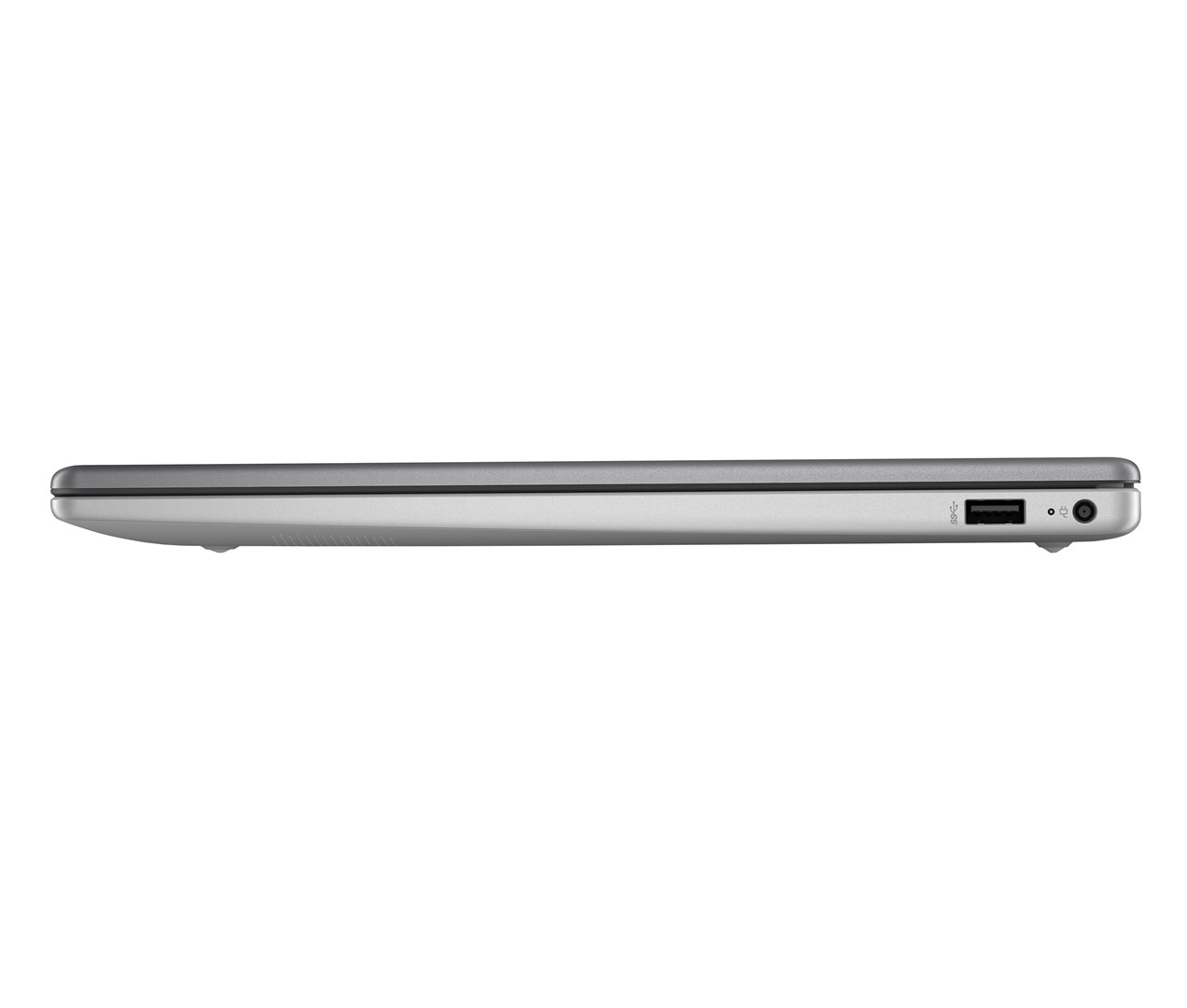 Widok z boku srebrnego laptopa. Widoczne porty to USB i gniazdo słuchawkowe. Górna część jest ciemnoszara.