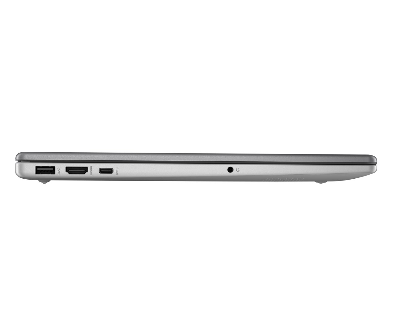 Widok z boku srebrnego laptopa. Widoczne porty to USB, HDMI, USB-C i gniazdo słuchawkowe. Laptop jest zamknięty.