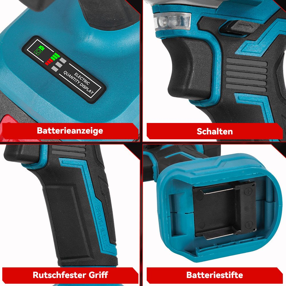 Primer plano de una herramienta eléctrica. Muestra el indicador de batería, el interruptor, el mango y la ranura de la batería. Combinación de colores negro y azul.