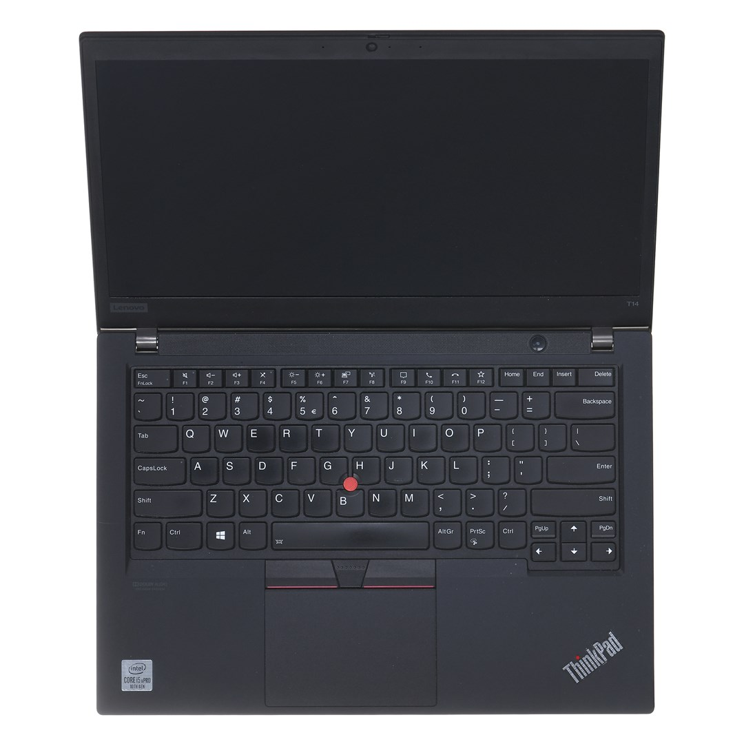 Czarny laptop Lenovo ThinkPad, otwarty. Widoczna klawiatura, z gładzikiem i naklejką Intel Core i5.