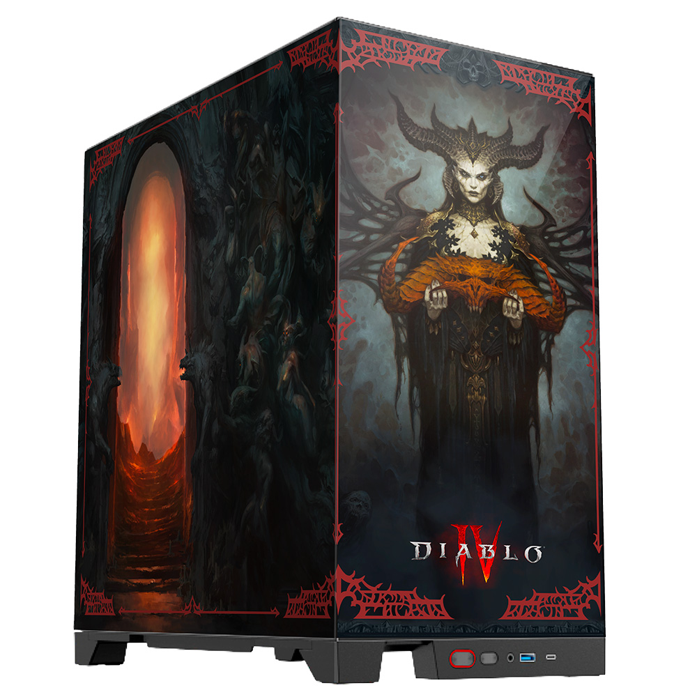 Un case per computer con grafica Diablo IV. Raffigura una donna demoniaca e una scena di portale infuocato, con il logo del gioco in basso.