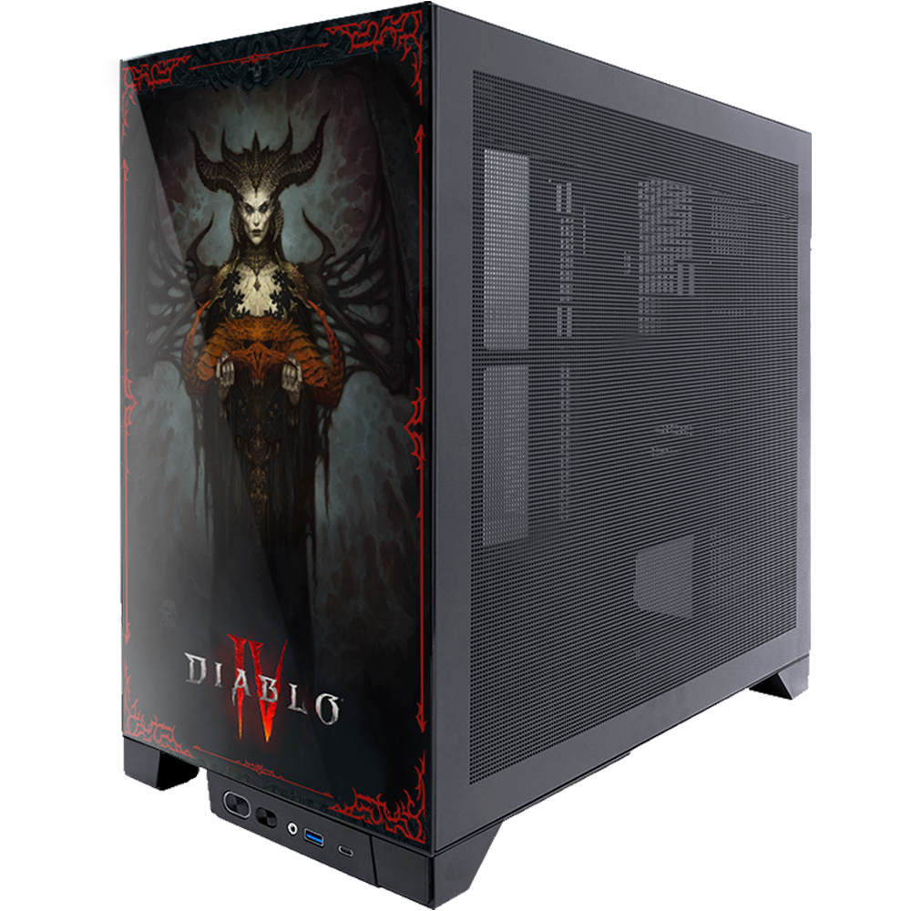Case per computer nero con grafica di Diablo IV. Una figura demoniaca è sul pannello frontale. Il case ha un pannello laterale a rete.