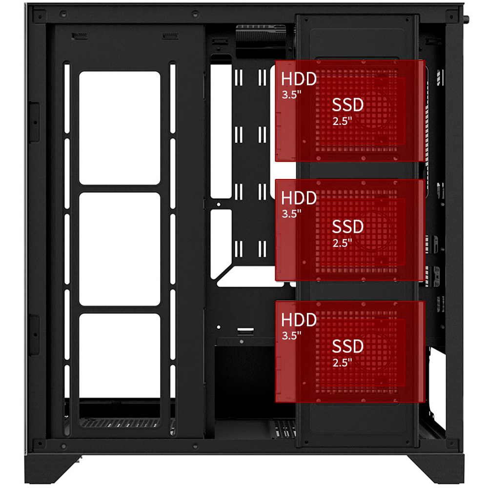 Interno di un case per computer con alloggiamenti HDD e SSD. Il case ha una cornice nera con aree aperte e punti di montaggio.