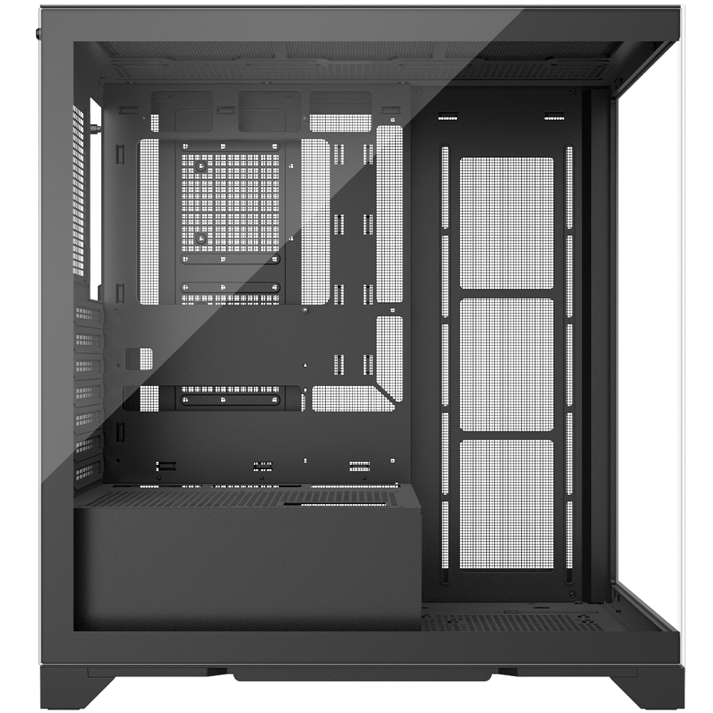 Un case per computer con pannello laterale in vetro. All'interno ci sono vari scomparti e punti di montaggio, con un lato in rete.