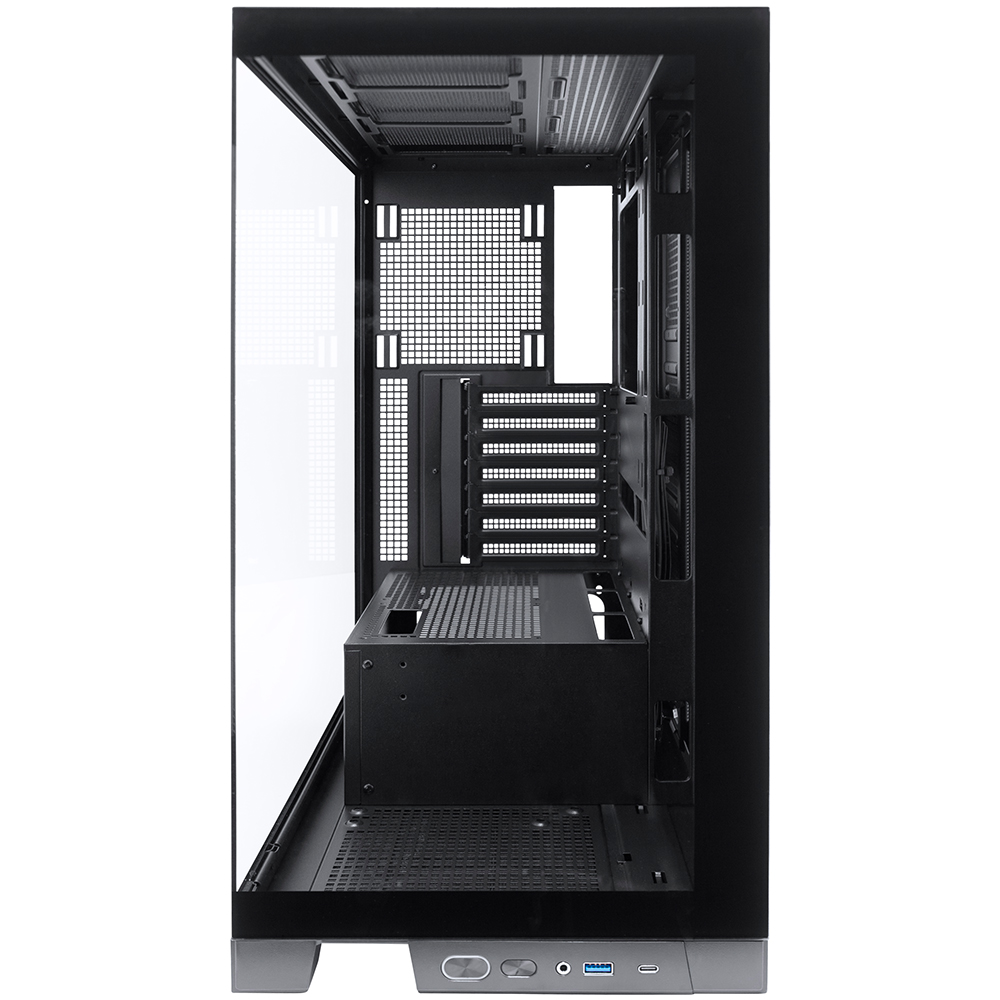Un case per computer, aperto su un lato con pannello in vetro. Interno nero con vani e base argentata. Vuoto all'interno.