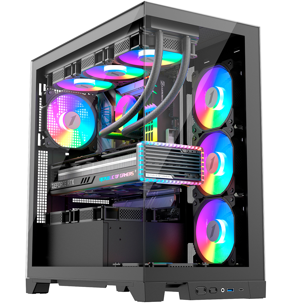 Un case per computer con pannelli in vetro, che mostra i componenti interni. Sono visibili ventole RGB e raffreddamento a liquido. La scheda grafica è etichettata GeForce RTX.