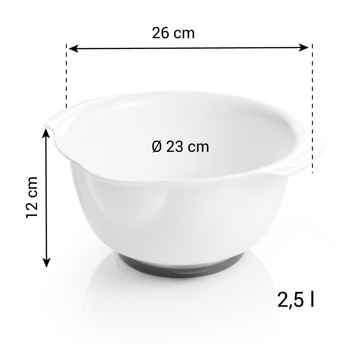 Weiße Rührschüssel mit Maßen: 26 cm breit, 12 cm hoch, 23 cm Durchmesser, 2,5 l Fassungsvermögen. Schwarzer Boden.