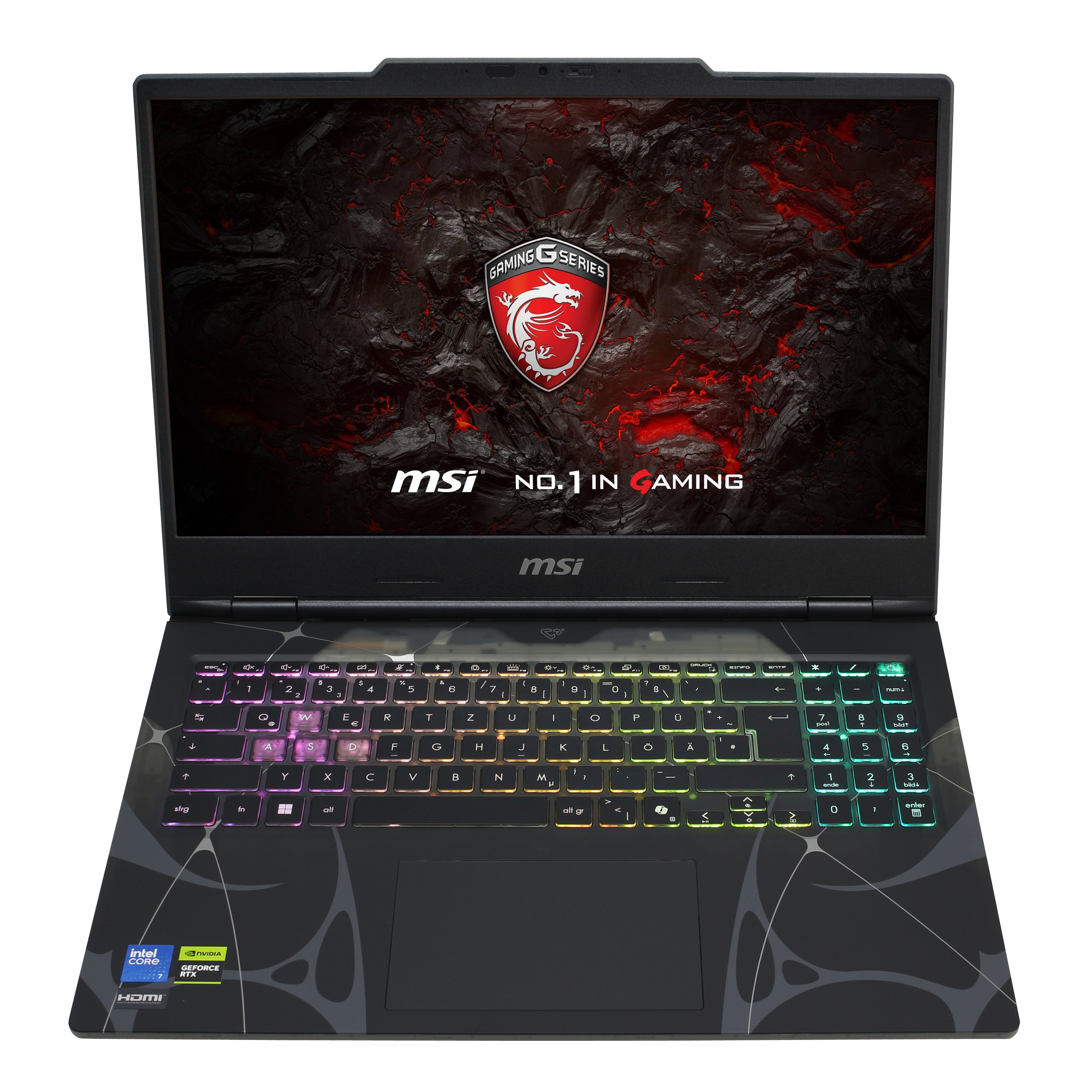 Czarny laptop do gier MSI z podświetlaną klawiaturą. Ekran pokazuje czerwono-czarny design. Widoczne logo.