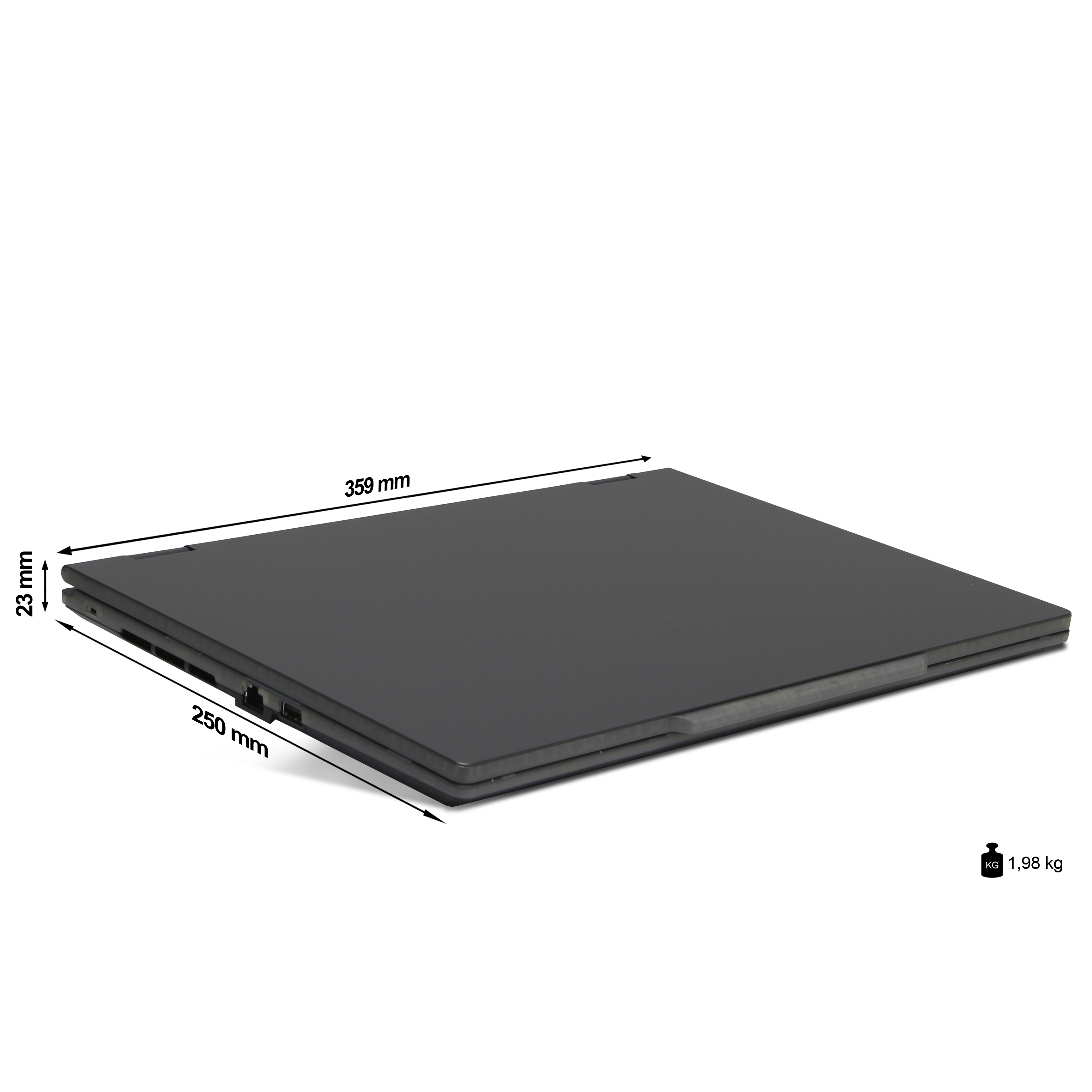 Zamknięty, czarny laptop z wymiarami. Wymiary: 359 mm x 250 mm x 23 mm. Waga: 1,98 kg.