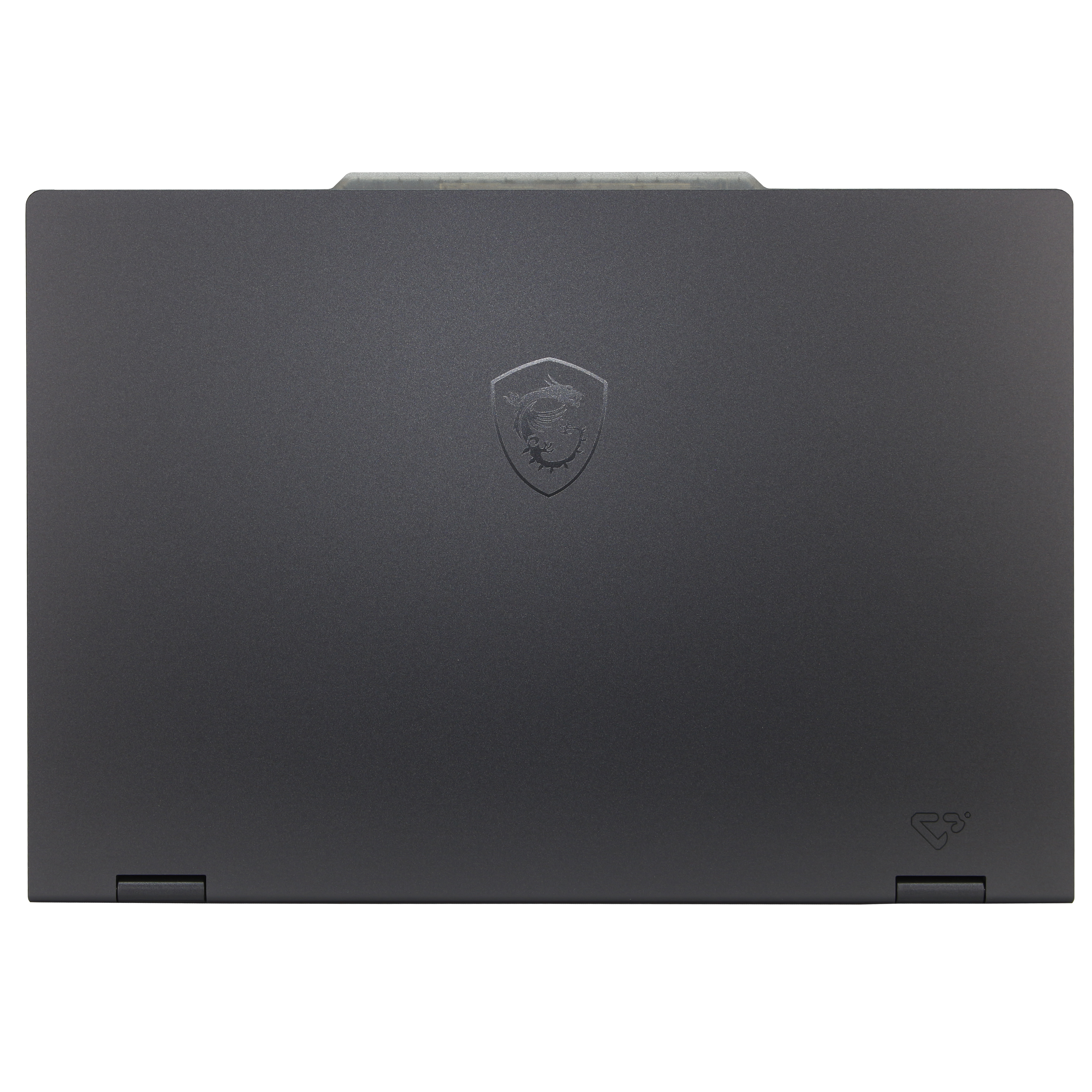 Widok z góry na zamkniętego czarnego laptopa. Ma logo na środku i zawias na górze. Tło jest białe.