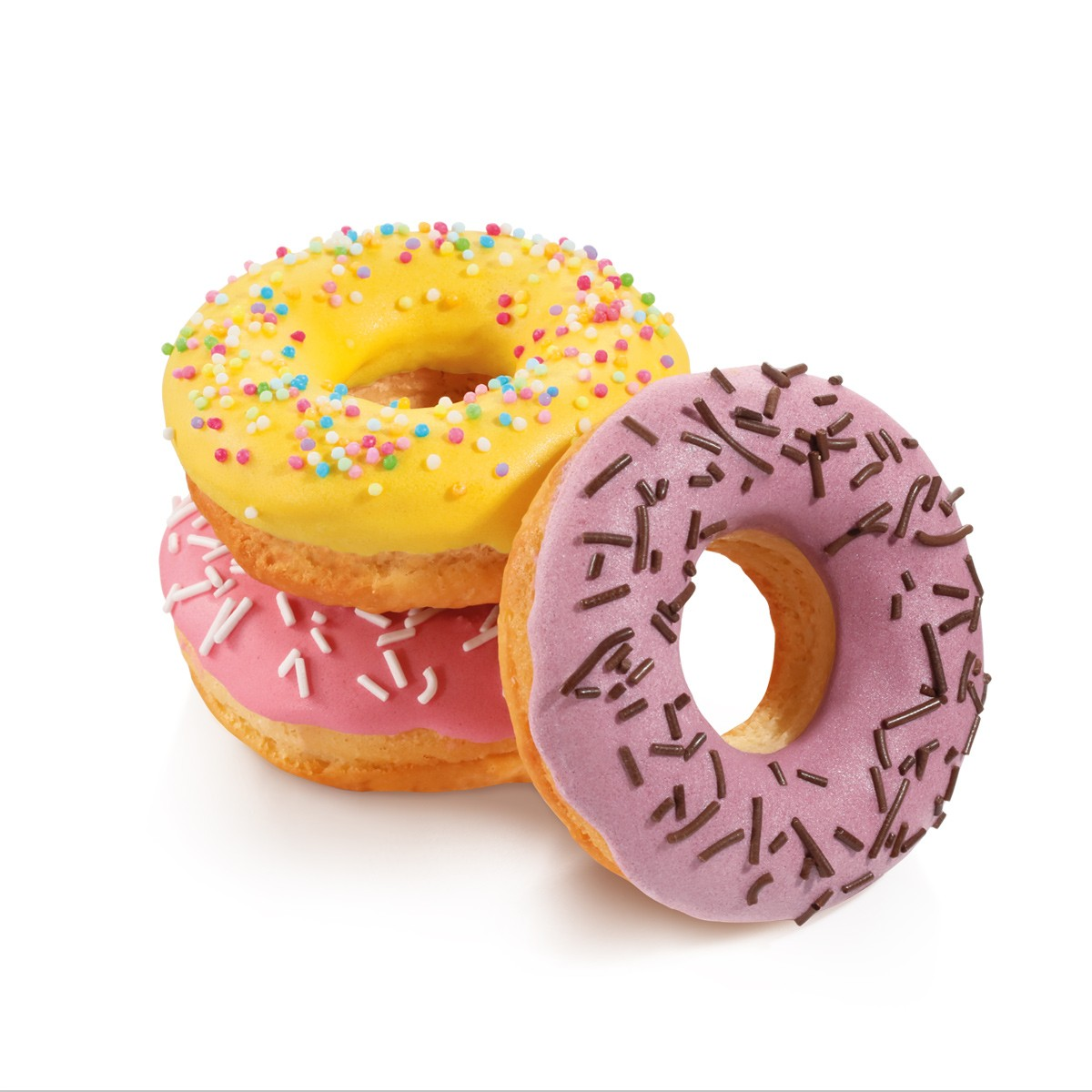 Drei Donuts: gelb mit Streuseln, rosa mit weißen Linien und lila mit Schokostreuseln, angeordnet auf weißem Hintergrund.