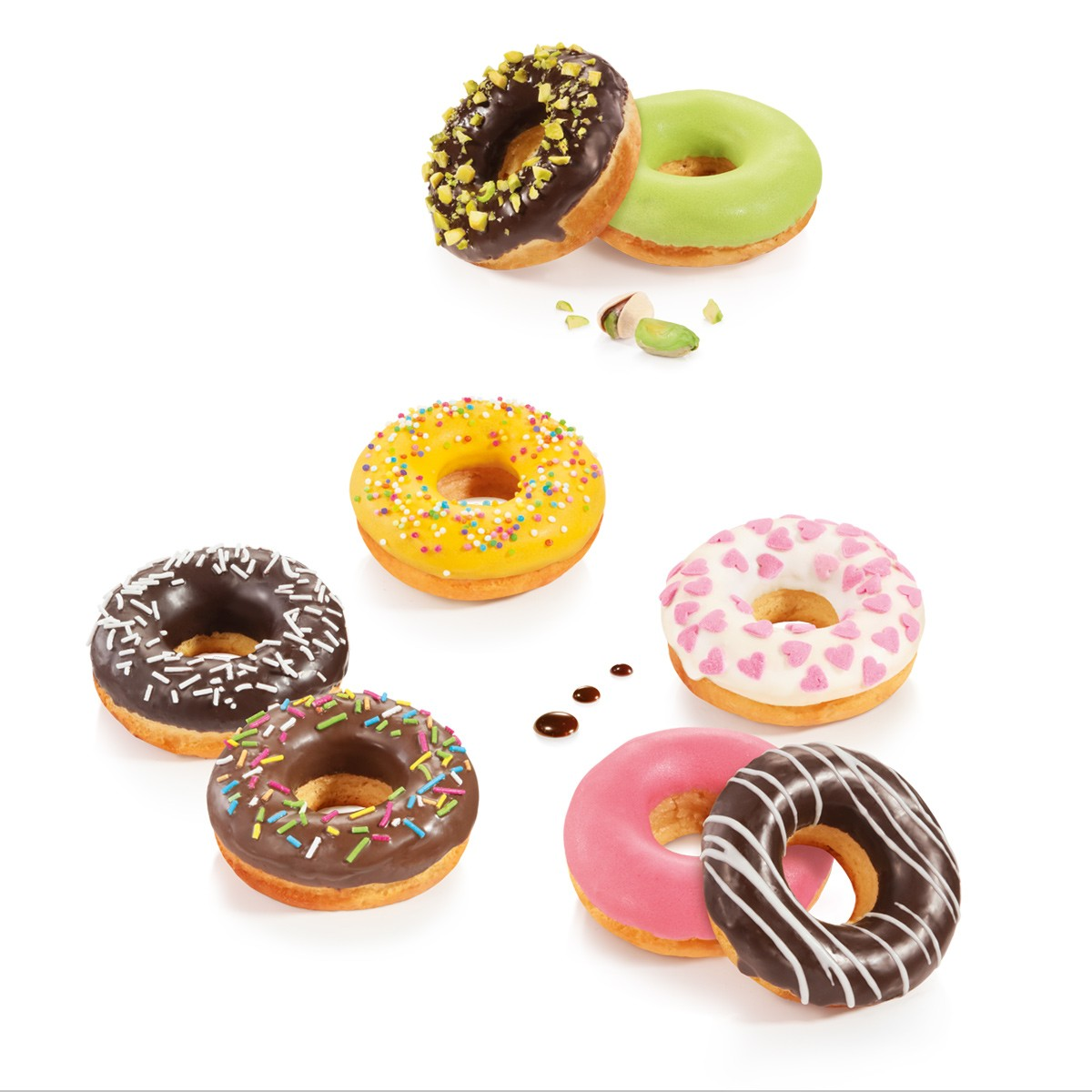 Das Bild zeigt verschiedene Donuts: Schokolade mit Nüssen, grüne Glasur, gelb mit Streuseln, Schokolade mit weißen Streuseln, rosa und weiß mit Herzen.